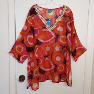 Aqua Blue Sheer Red Multi-Color Embellished Coverup Tunic Top